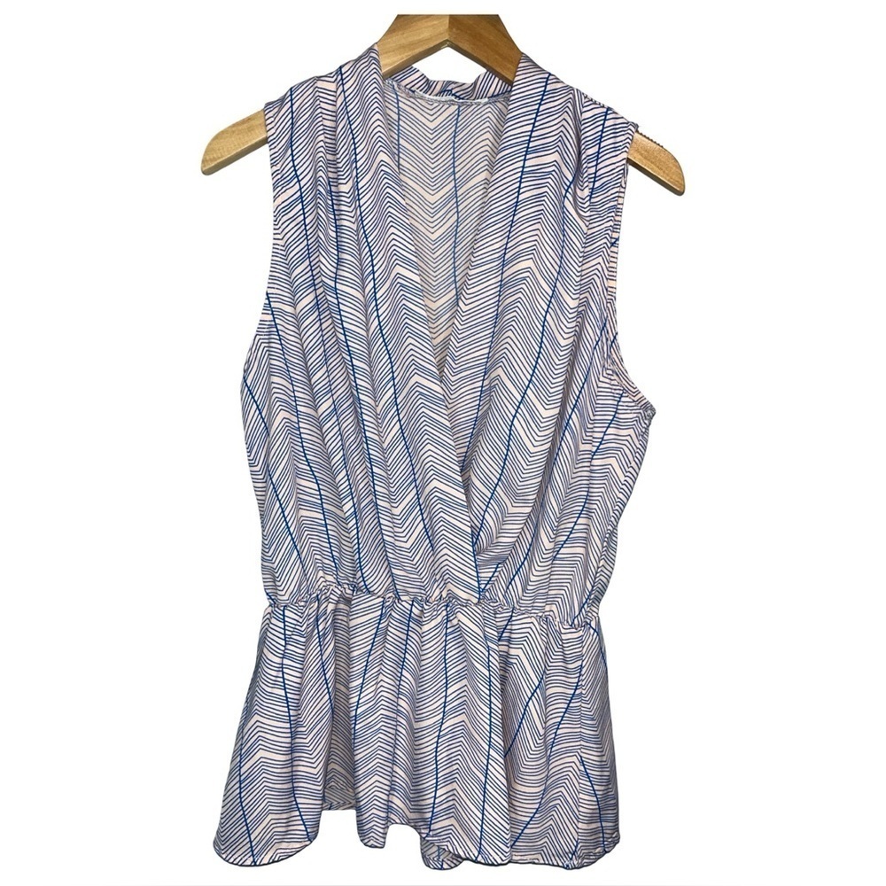 Poema V-Neck Peplum Chevron Pattern Top in Blue and Pink